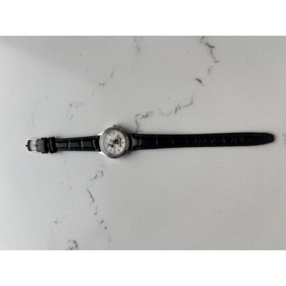 Vintage Disney Mickey Mouse Quartz Watch with Black Leather Strap